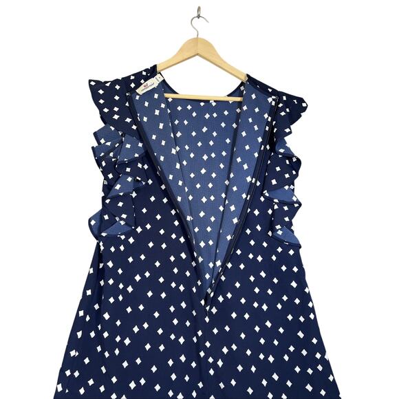 Vineyard Vines Dress Womens 6 Navy Diamond Print Flounce Flutter Sleeve Deep Bay - Picture 3 of 10